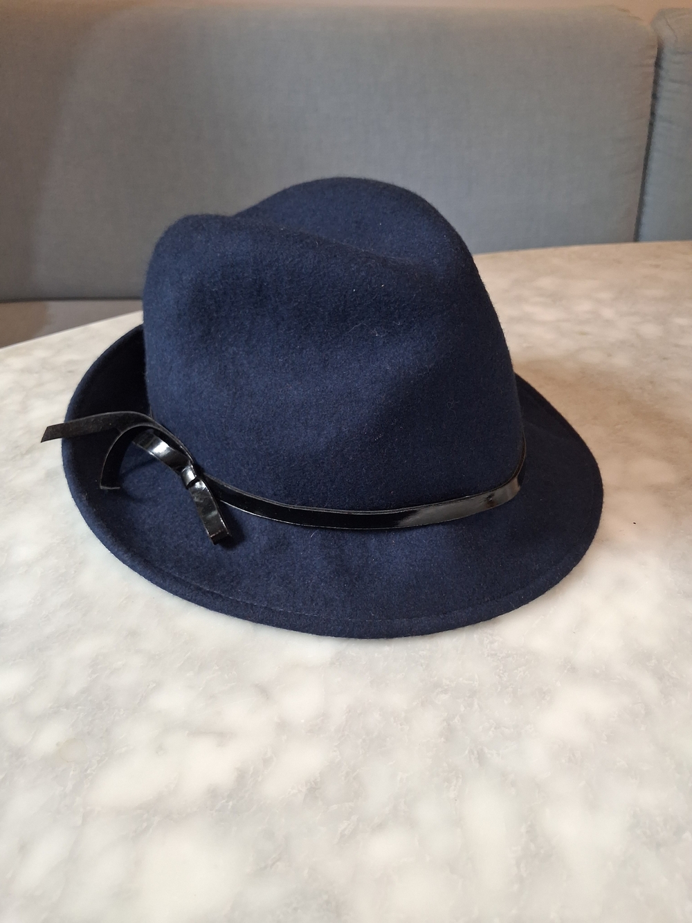Juicy Couture Navy Blue Wool Fedora with Black Patent Bow Trim